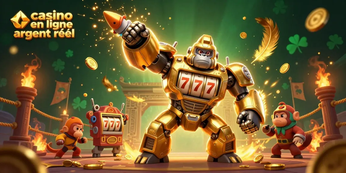 Jouez à des jeux palpitants de casino en ligne argent réel avec un gorilla mech transformeur frappant ciel en explosant de pièces.