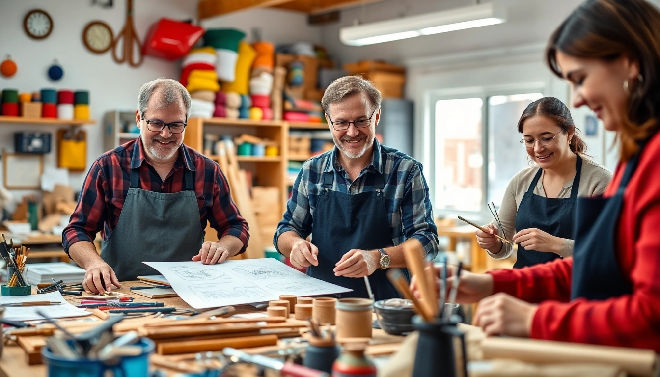 Engaging scene of artisans participating in craft training programs with diverse tools and vibrant materials.