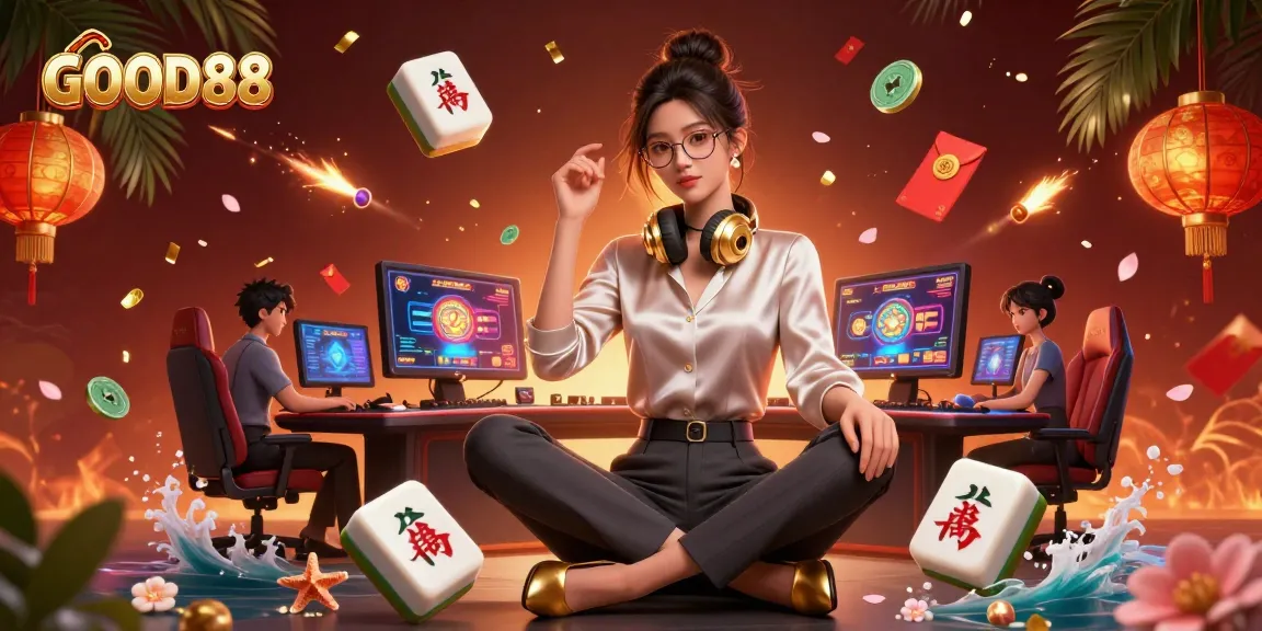 Experience the thrill of GOOD88 online gaming with a photorealistic Asian woman at a high-tech casino setup.