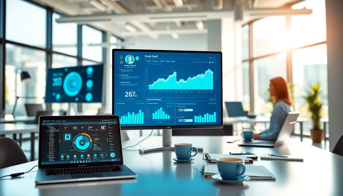 Showcasing an enterprise assistant saas platform interface in a dynamic office setting.