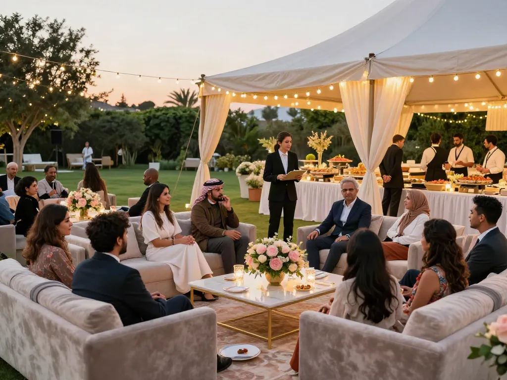 Event rental KSA showcasing an elegant outdoor celebration with diverse guests enjoying gourmet catering and luxurious seating.
