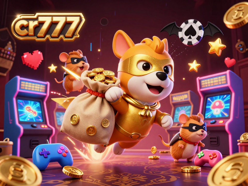 Bermain cr777 dengan gambar superhero anjing yang mengumpulkan koin emas dalam suasana kasino.