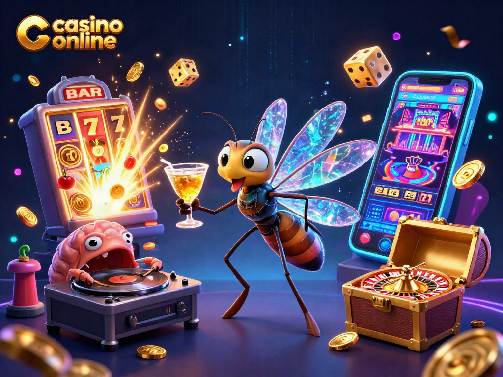 Engage with the vibrant world of casino online featuring a cartoon mosquito mascot, trilobite DJ, and golden roulette wheel.