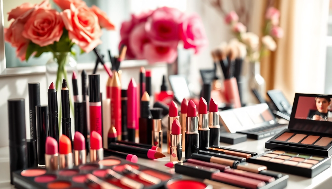 Showcase of wholesale makeup products arranged artistically on a vanity with a vibrant aesthetic.