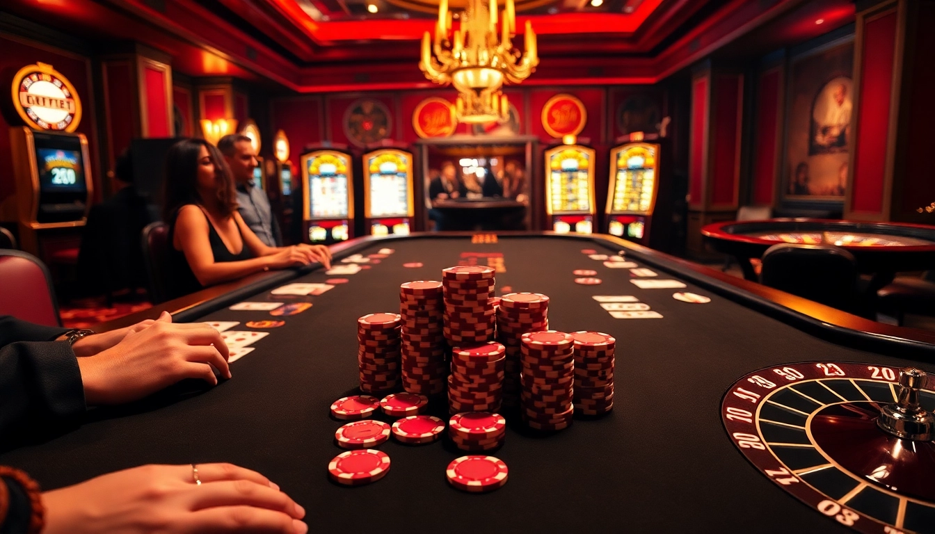 Engaged players at a poker table representing the excitement found at https://www.ph22255.com/ with colorful chips and cards.