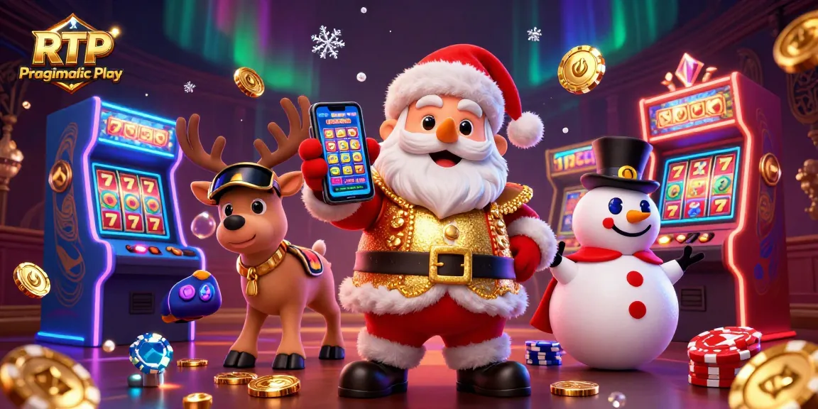 Spin to win with RTP Pragmatic Play slot machines in a festive casino illustration!