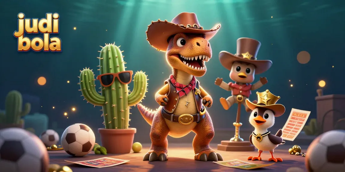 Engaging judi bola scene showcasing animated cowboy dinosaur, cactus, and roadrunner with sports elements.