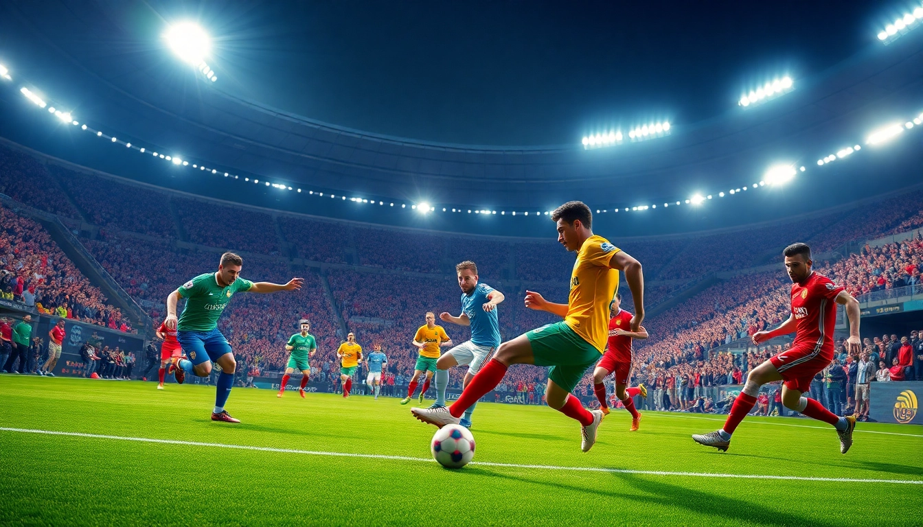 Watch a thrillingโปรแกรมบอล moment with players in action at a lively stadium.
