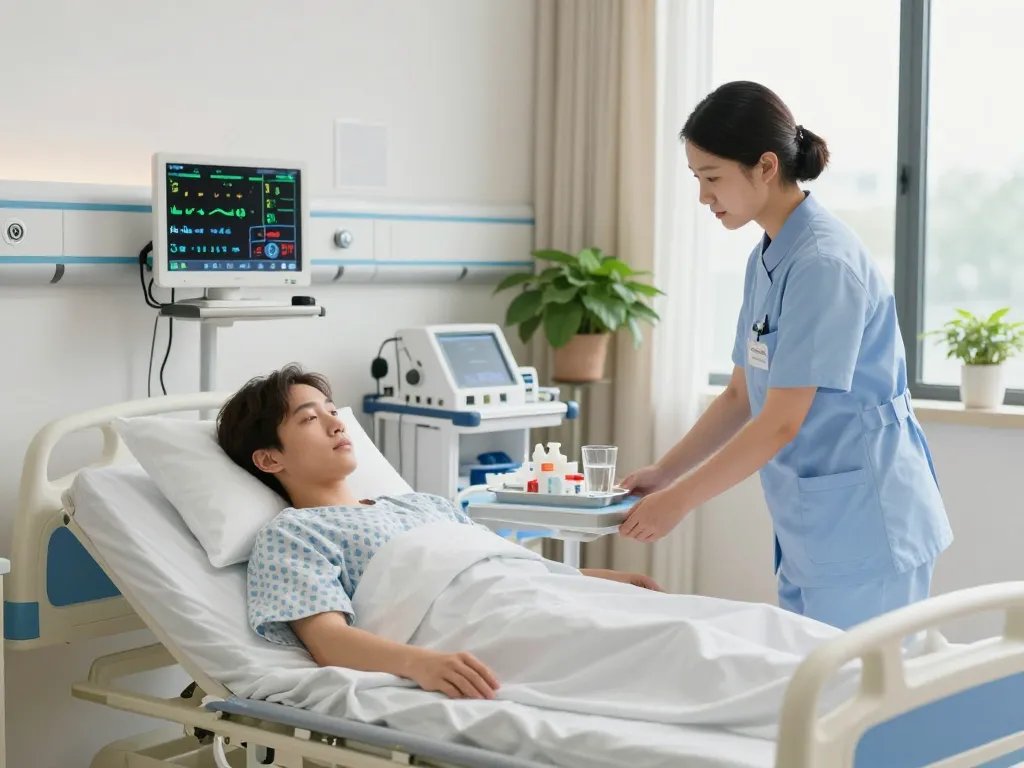 Hospital patient bed (giường bệnh nhân) with nurse and medical supplies in bright, calming environment.