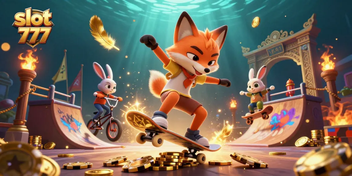Experience the excitement of slot 777 with playful characters skating through a vibrant casino-themed world.