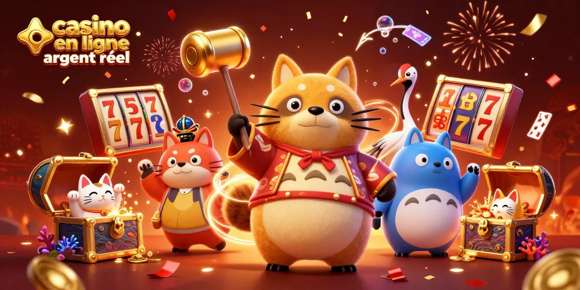 Casino en ligne argent réel : Tanuki chanceux et maneki-neko dans un décor festif