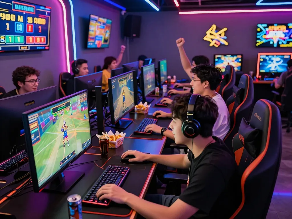 Pemain menikmati situs slot gacor di ruang permainan yang penuh energi dengan lampu LED cerah dan layar.