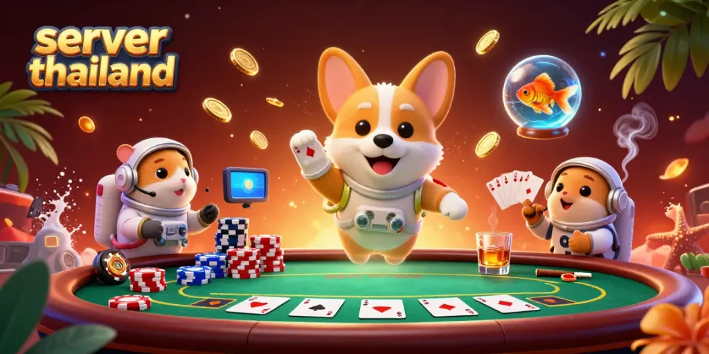 Experience excitement with this 3D casino scene showcasing the server thailand at play with poker chips and characters.
