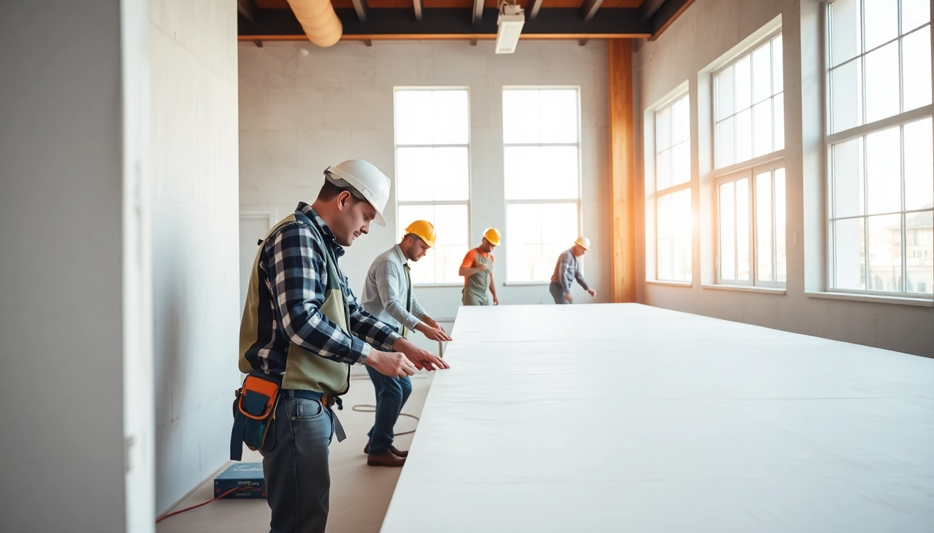 Skilled workers installing drywall in a modern interior, showcasing precision and craftsmanship.