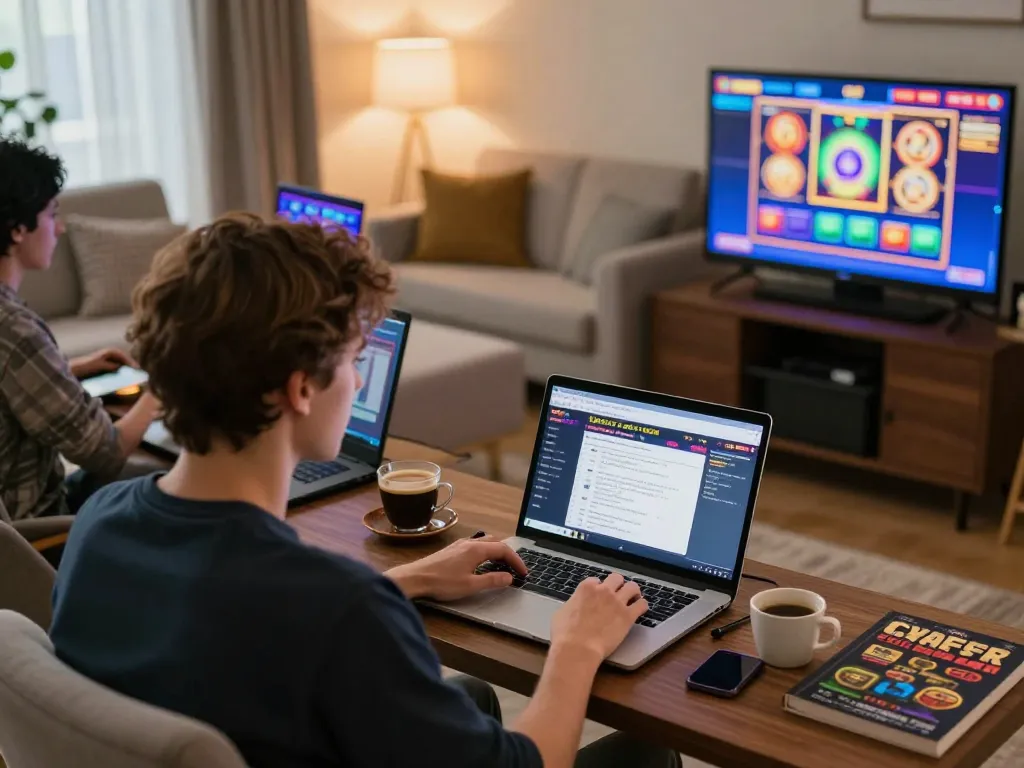Spin the reels in slot thailand at home, showcasing a cozy online gaming setup with engaging visuals.