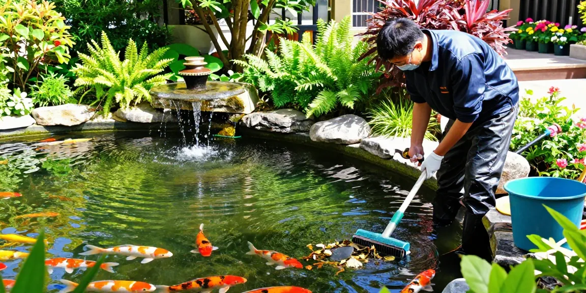 Pond Clean London: Expert cleaning service in a vibrant urban garden, showcasing clear pond and pond specialist at work.