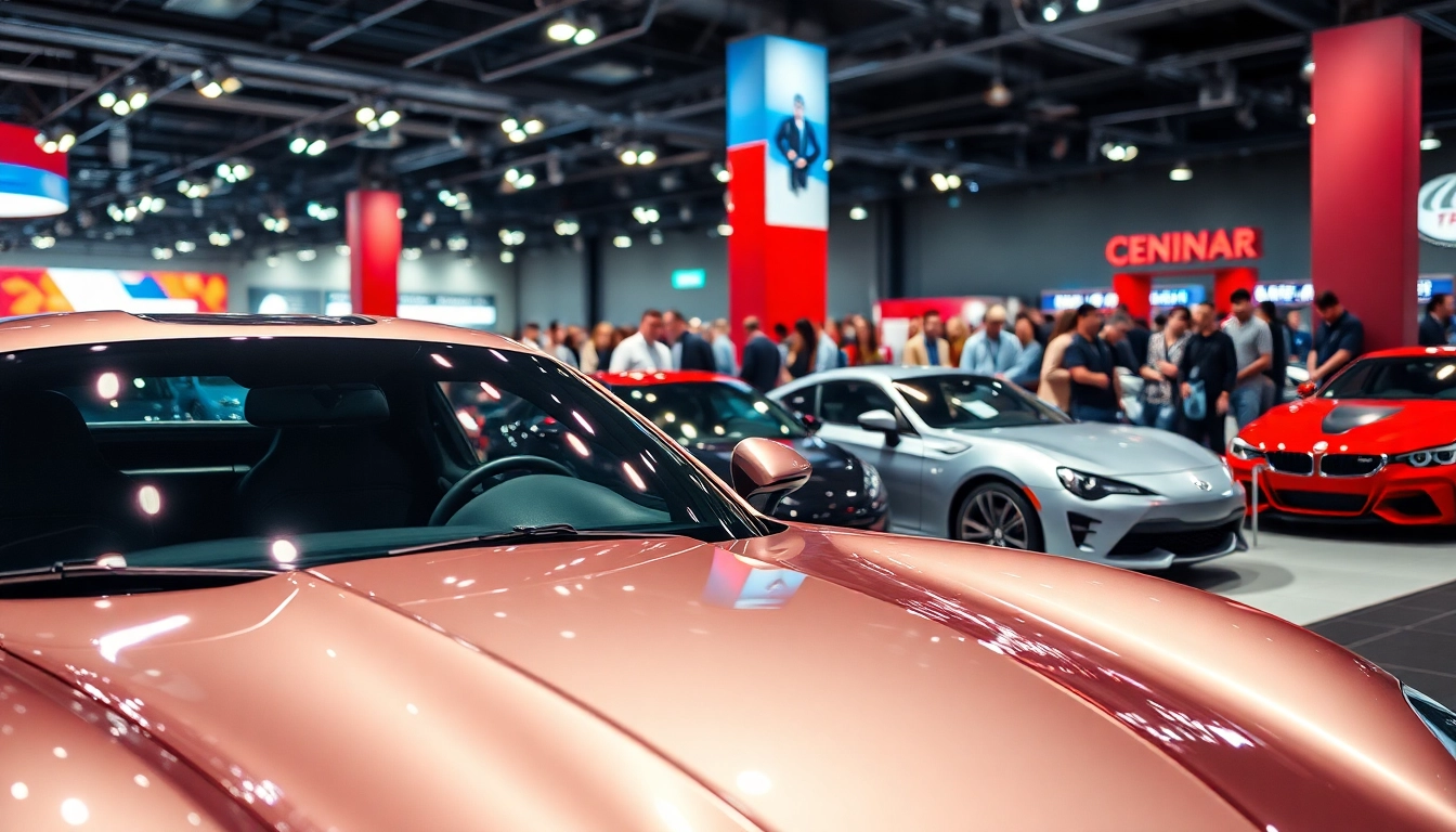 Engaging scene of Auto Cars Show with a sleek sports car, attendees admiring vehicles in a vibrant environment.