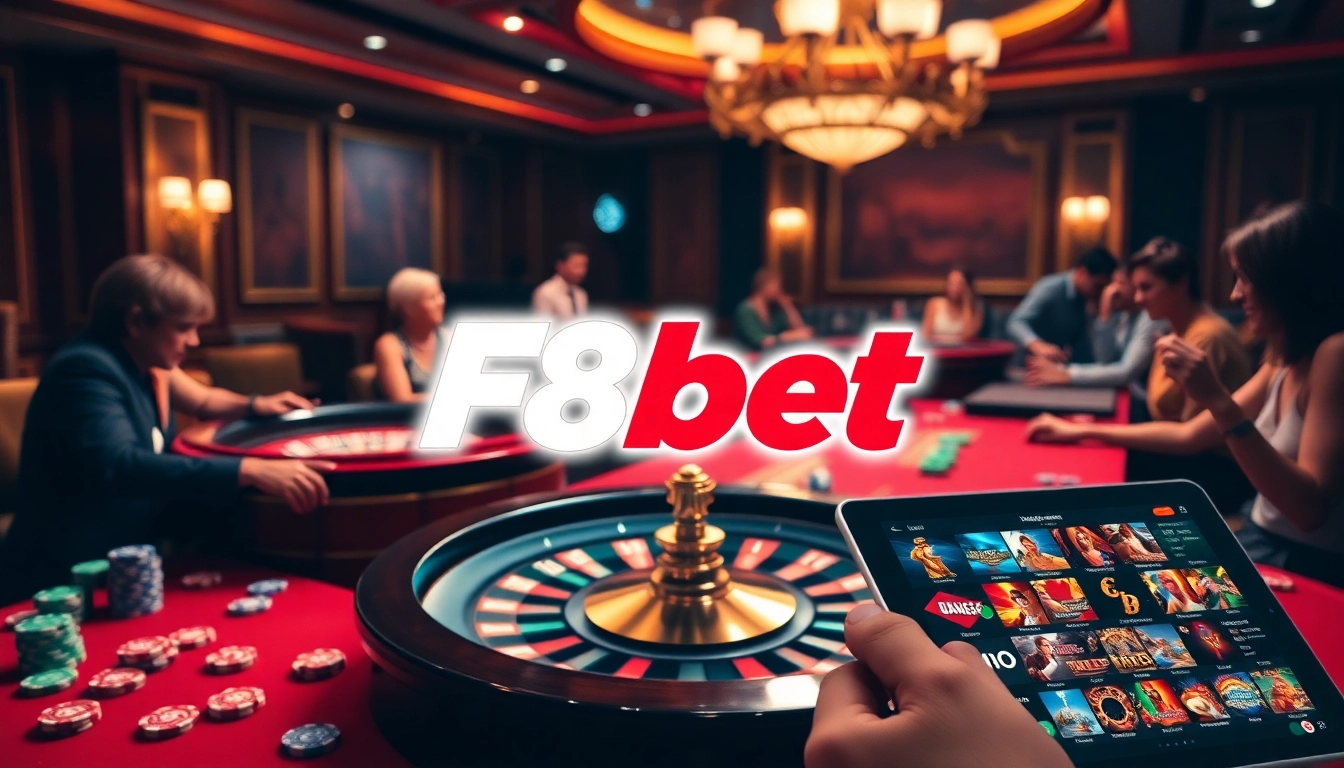 Join the excitement at F8bet with engaging casino games featuring poker chips, roulette, and more.