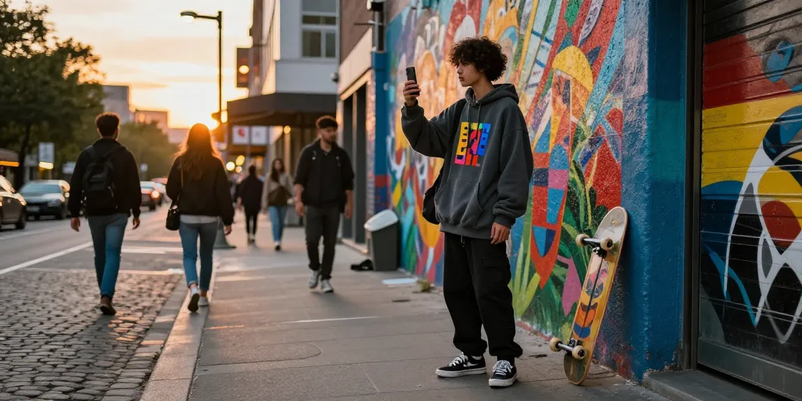 Stylish urban streetwear capturing rokok88 fashion trends during sunset.