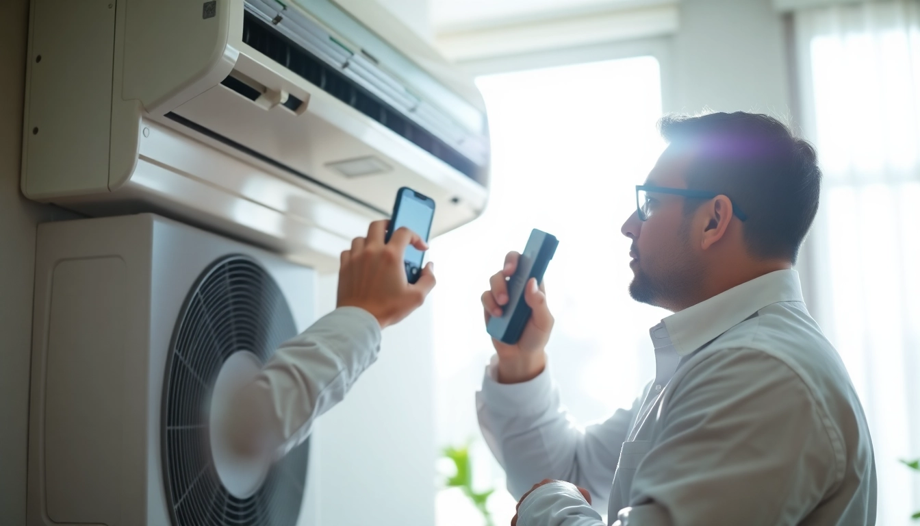 AC Repair Saint Petersburg FL professional inspecting air conditioning unit in a bright home setting.