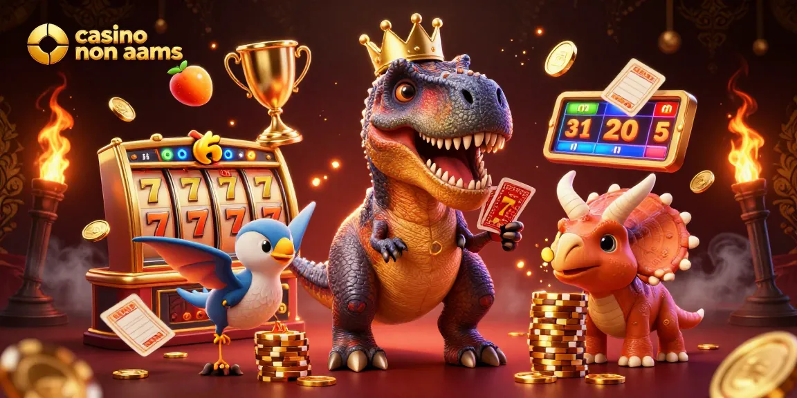 Gioca nei migliori casino non AAMS con un T-Rex che mescola le carte e un triceratopo che impila fiches d'oro.