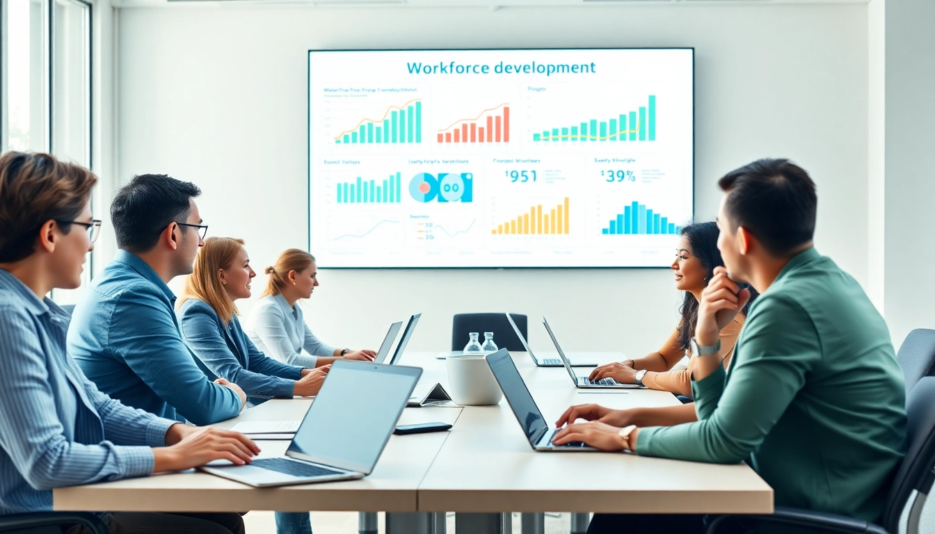 Participants collaborating in a seminar on workforce development strategies in a bright, modern conference room.