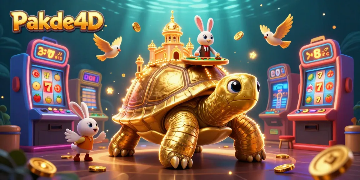 Experience Pakde4D’s thrilling casino atmosphere with a golden tortoise, rabbit dealer, and vibrant slot machines.