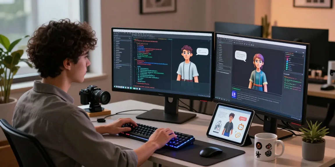 NSFW AI character development workspace with multiple monitors and creative decor