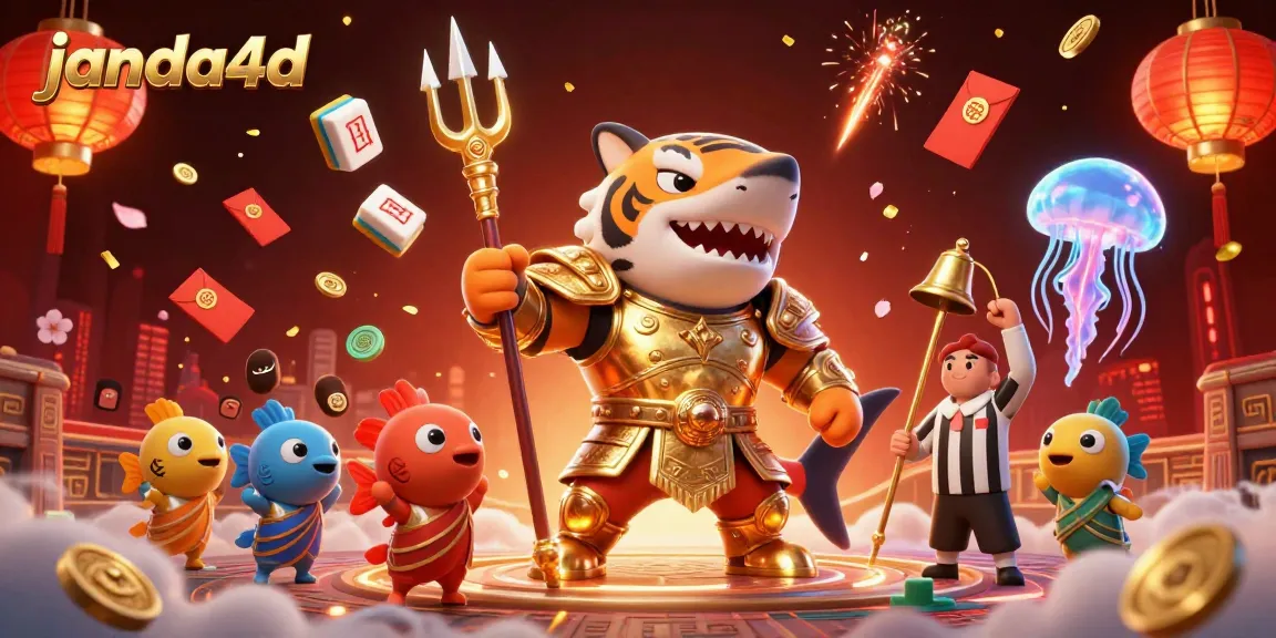 janda4d menghadirkan ilustrasi 3D mengesankan dengan karakter kartun hiu berbaju gladiator dalam arena bawah laut, memeriahkan suasana perjudian.