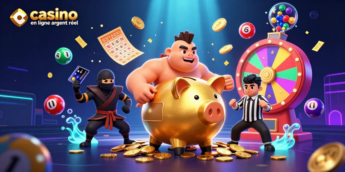 Illustration d'un casino en ligne argent réel avec des personnages et des éléments de jeu dynamiques.