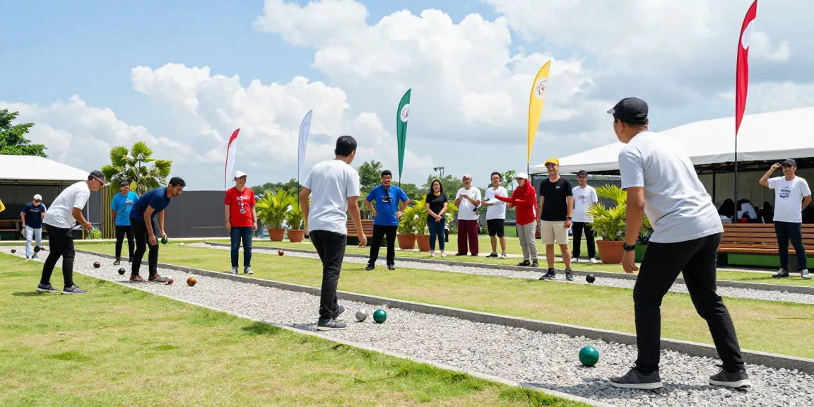 Pemain petanque di fopikotamakassar.org berkompetisi di lapangan dengan suasana cerah dan penuh semangat.