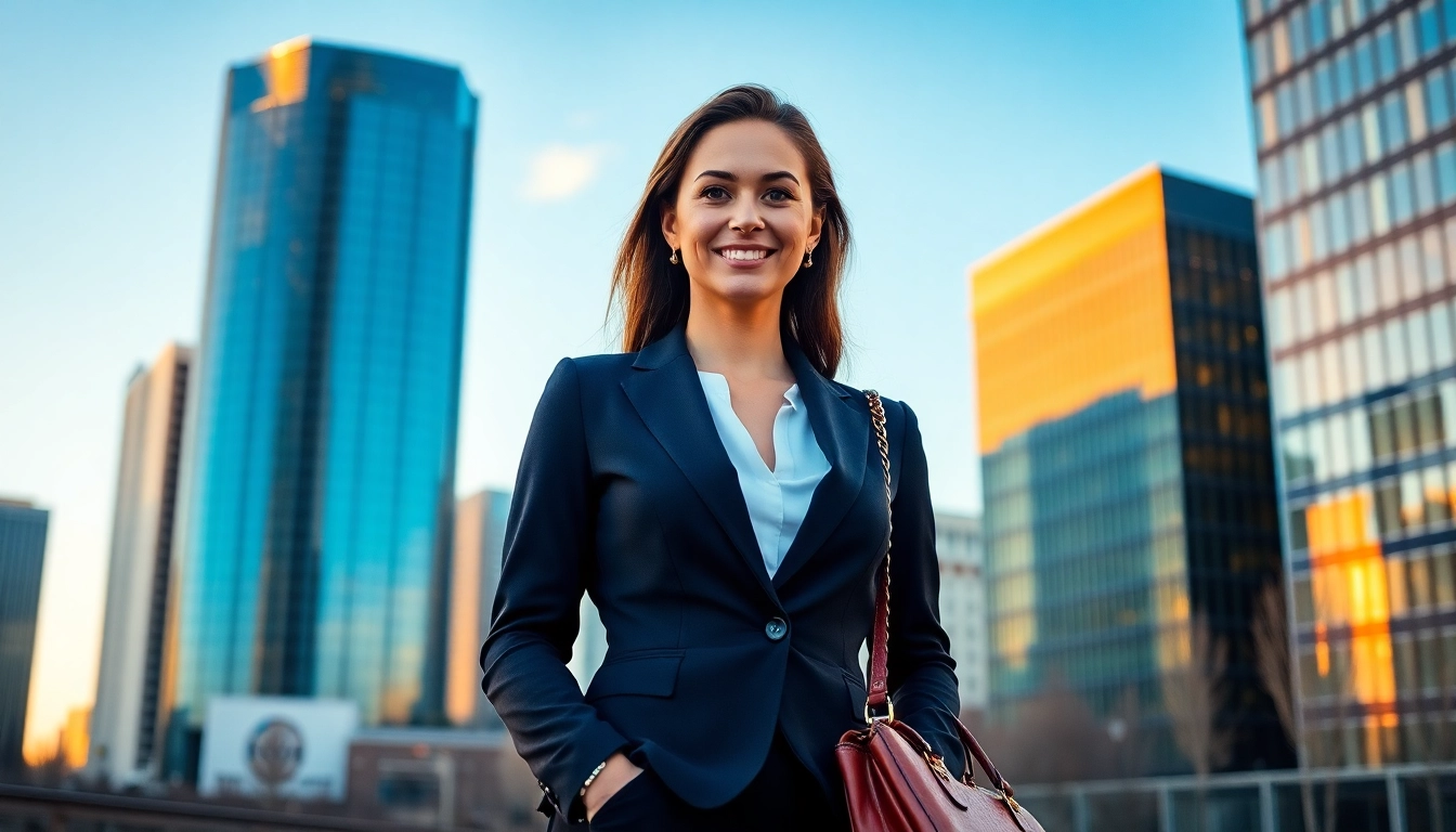 Engaging businesswoman portrait highlighting photography company edmonton in an urban setting.
