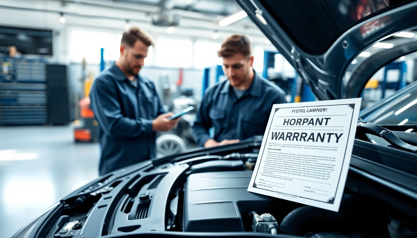 Therapist reviews an extended warranty after factory warranty expires alongside a car engine's components.