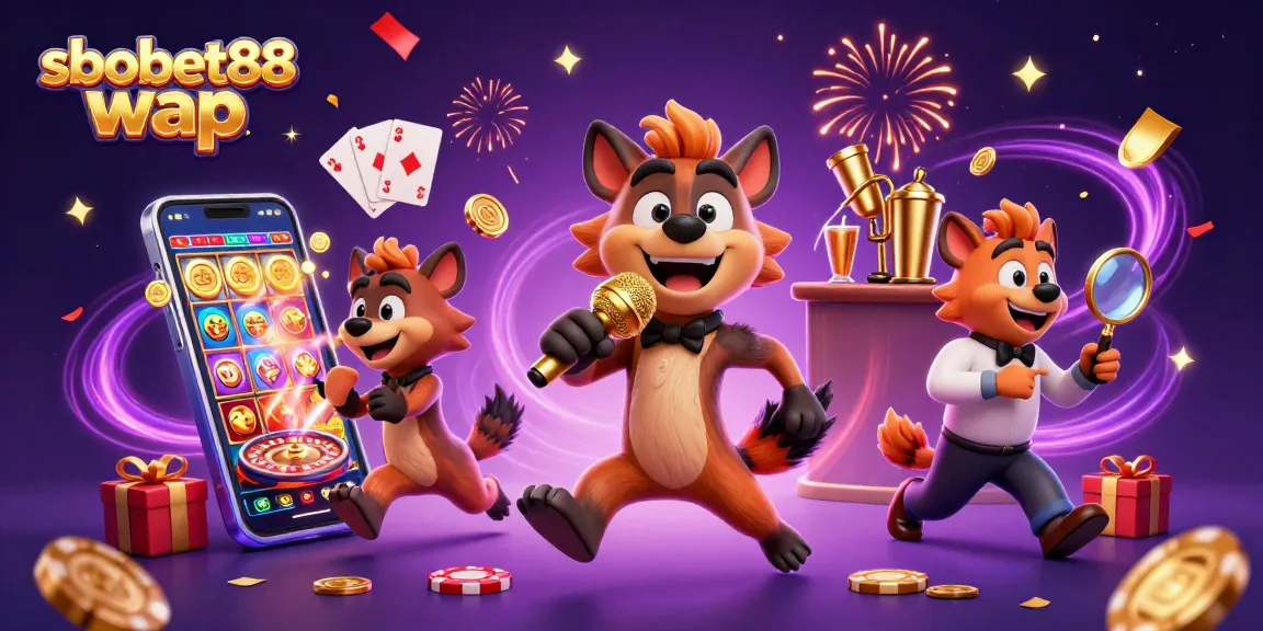 Betting action with sbobet88 wap showcased in a vibrant casino scene filled with games and humor.