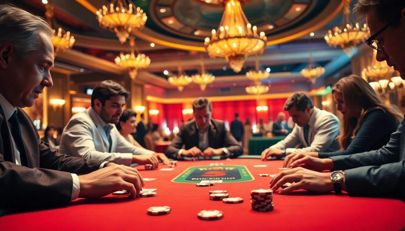 pakde4d menang di meja poker dengan pemain fokus dan suasana kasino yang meriah.