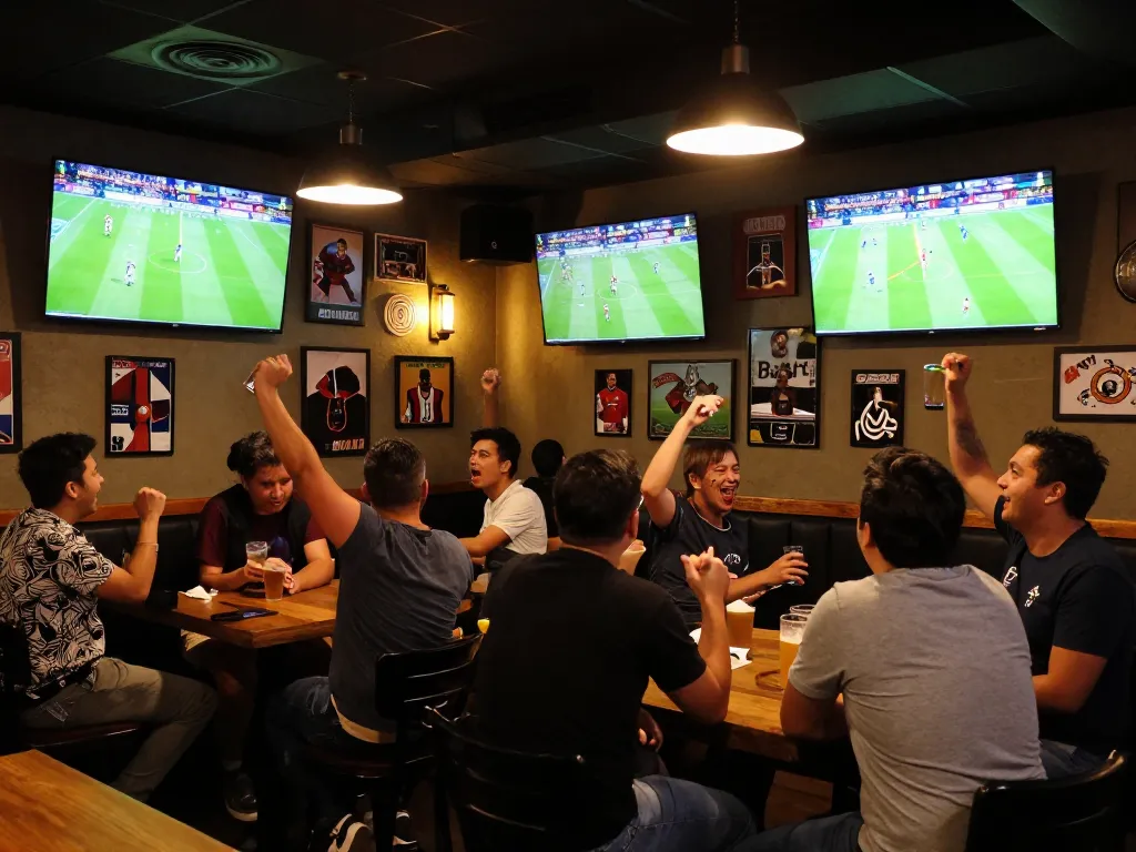 Fans cheering and celebrating during Trực Tiếp Bóng Đá at a lively sports bar atmosphere