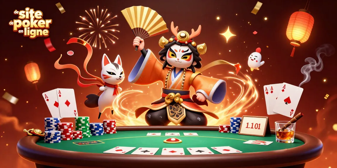 Jouer au poker en ligne sur un site de poker en ligne avec une ambiance festive et des éléments variés.