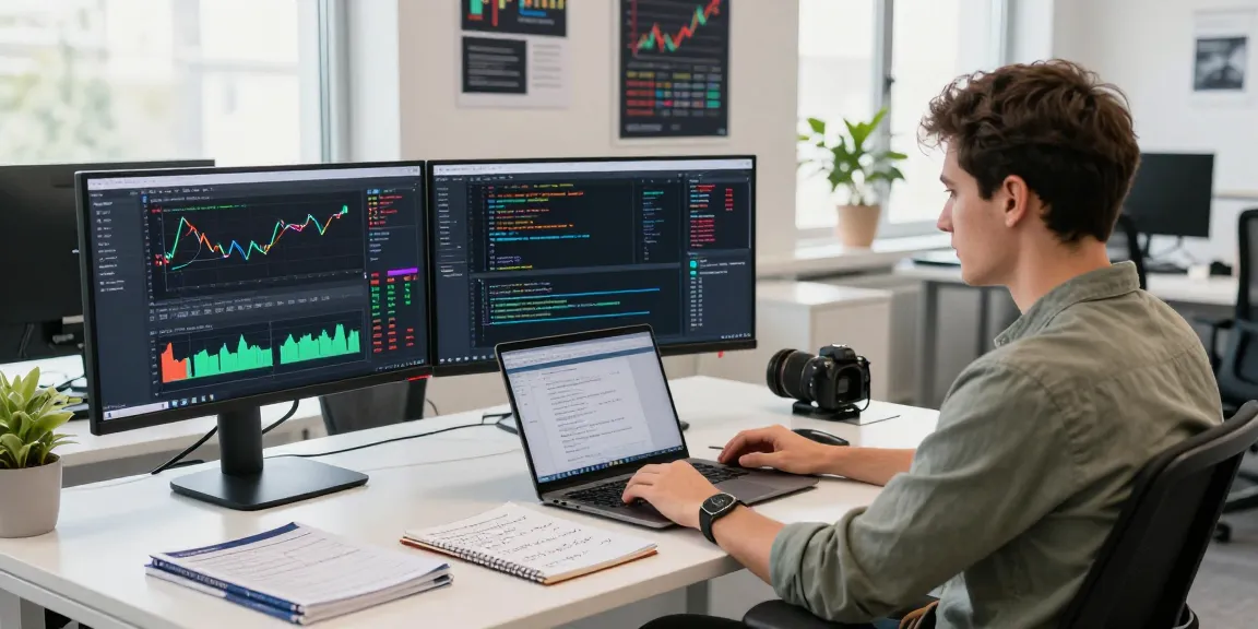 Innovative coding workspace showing forex WebSocket stream API in action with trader analyzing real-time data on multiple screens.