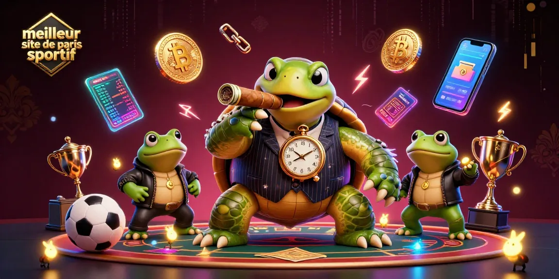 Scène dynamique illustrant le meilleur site de paris sportif avec tortue et grenouilles en action.