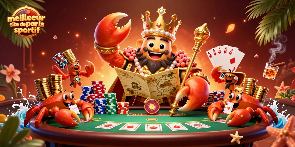Visitez le meilleur site de paris sportif avec une illustration de crabes et éléments de poker dynamiques.