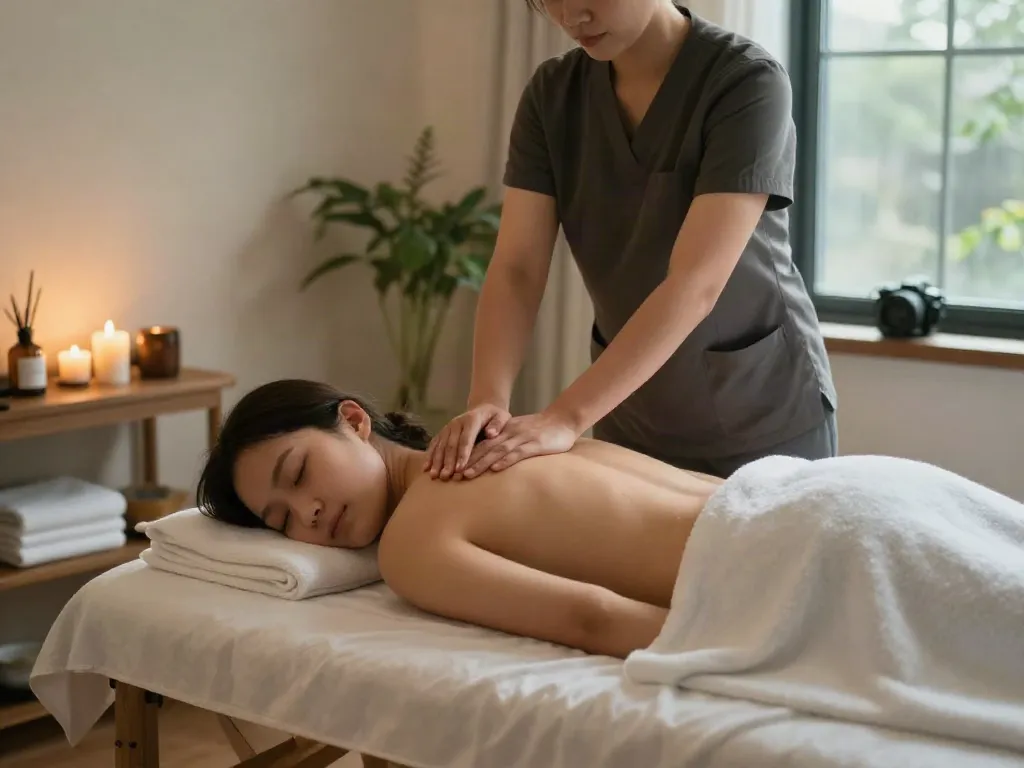 송도출장마사지 treatment in a relaxing salon environment with calming decor.