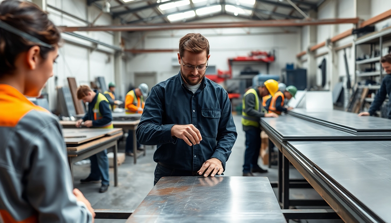 Students engaged in sheet metal training with an instructor demonstrating techniques in a workshop.