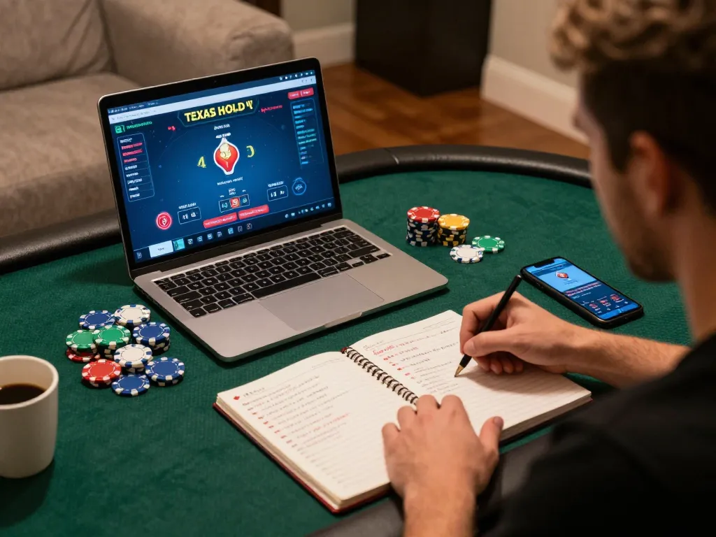 Player engaged in strategic online poker gaming on 388bet platform with chips and notes nearby