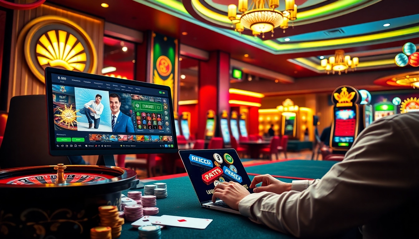Excited gamers playing on S8.com, showcasing luxurious casino elements such as poker chips and slot machines.