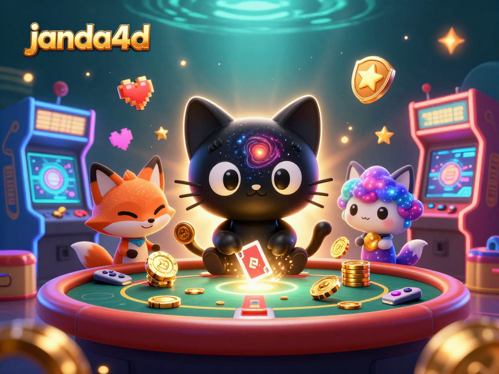Janda4D menarik perhatian pemain dengan kucing hitam 3D berputar menarik chip emas di kasino.