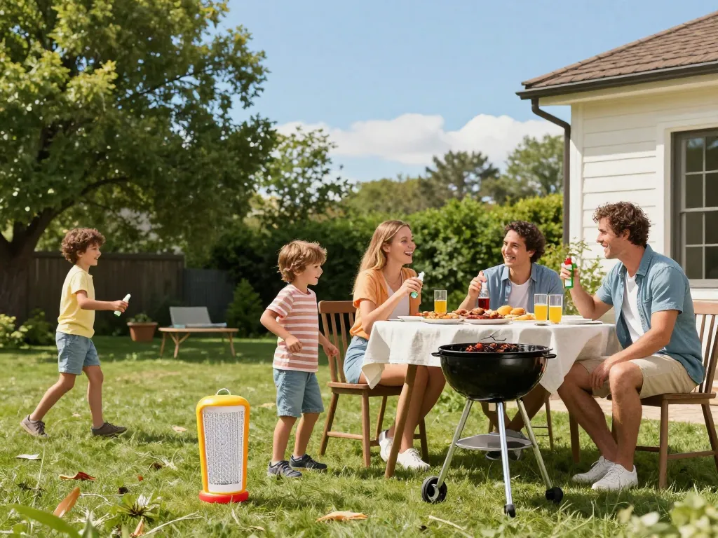 A family using mosquito repellent while enjoying a summer barbecue outdoors.