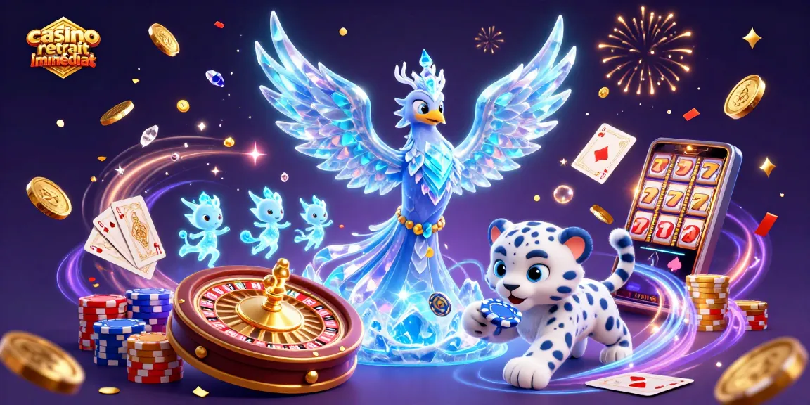 Retrait immédiat de casino - Illustration dynamique de personnages de casino entourés de paillettes et de jetons d'or.
