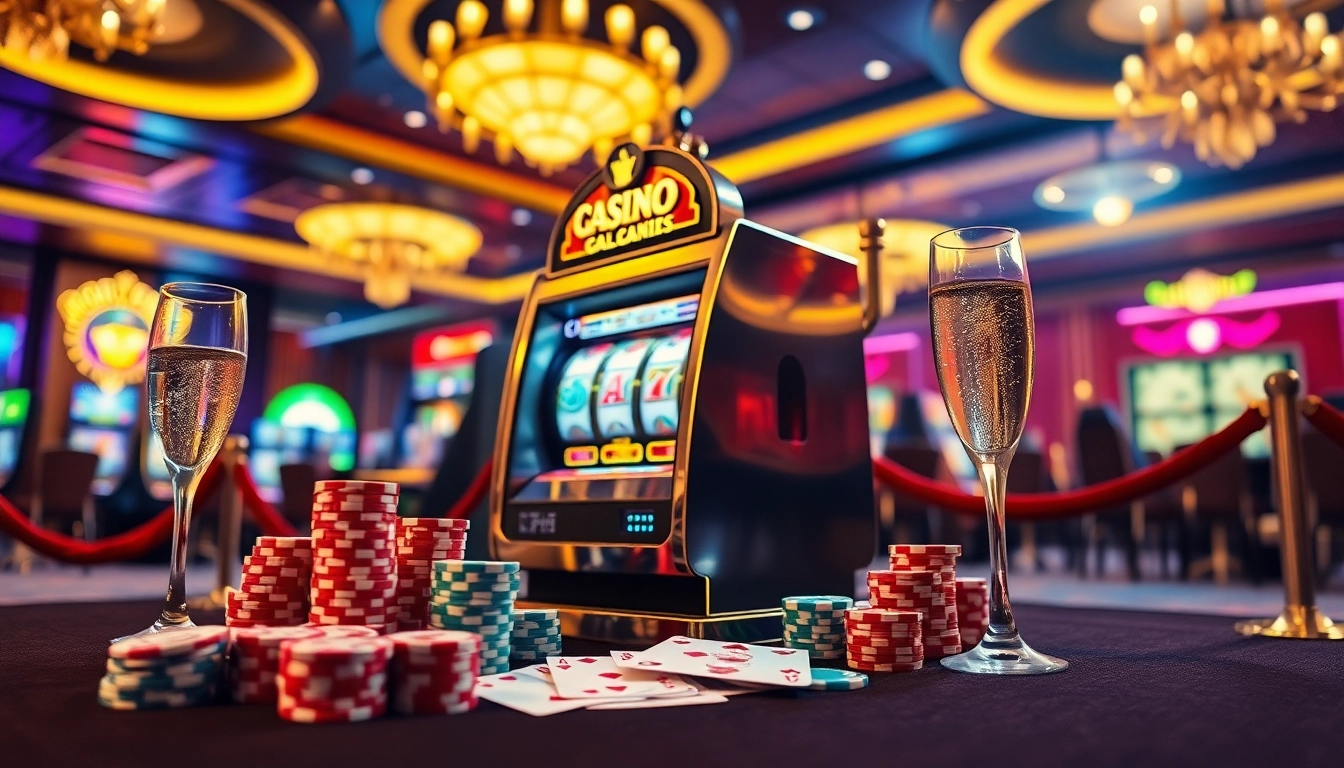 Neue casino bonus ohne einzahlung präsentiert auf einem luxuriösen Spielautomaten in einem lebhaften Casino.