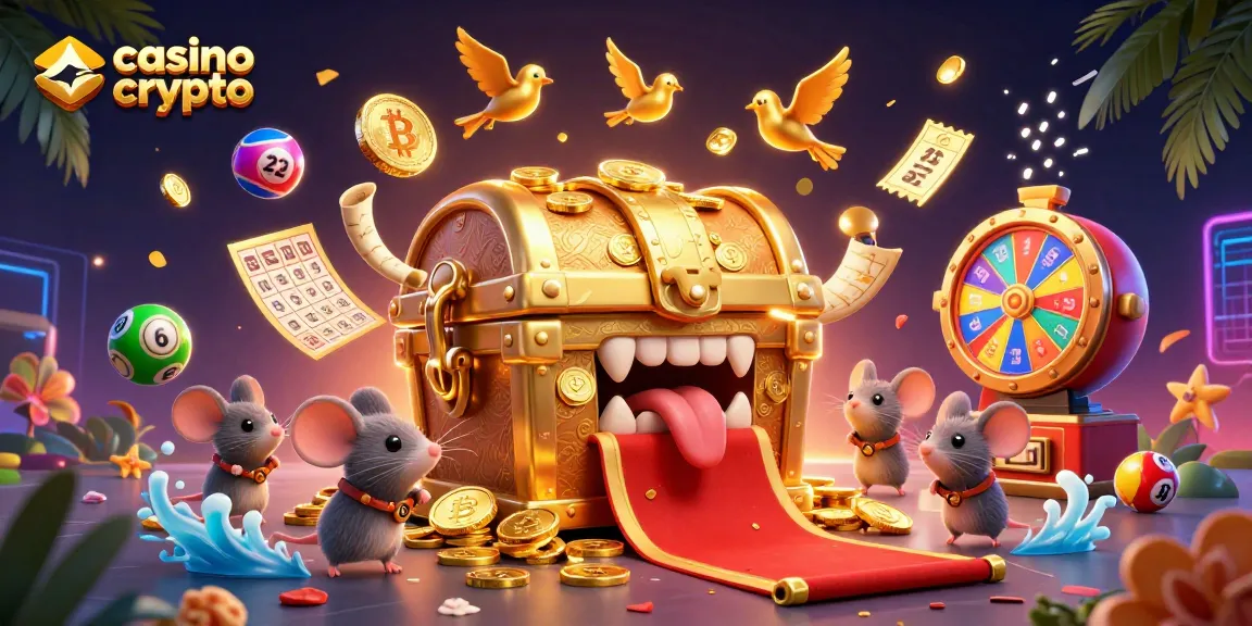 Illustre les richesses des casinos crypto avec des souris aventurières attirées par un coffre au trésor.