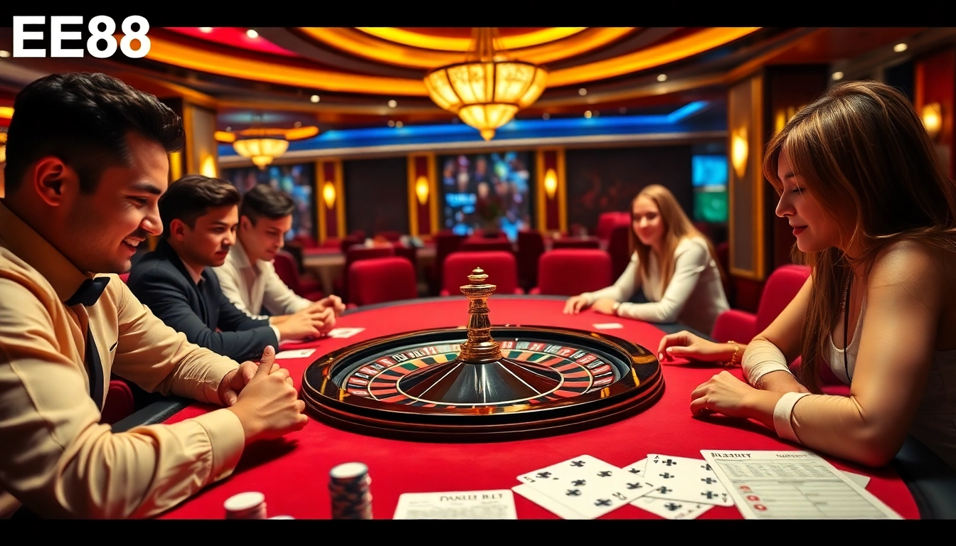 Players at EE88 enjoy a thrilling poker game in an upscale casino setting.